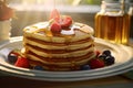 Delicious pancakes with berries and syrup