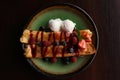 Delicious pancakes with fresh berries and ice cream on wooden table, top view Royalty Free Stock Photo