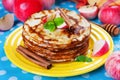 Delicious pancakes, honey, apples, cinnamon