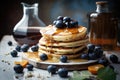 Delicious pancakes with honey, blueberries,