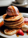 Delicious pancakes on plate with maple syrup and ice cream topping Royalty Free Stock Photo