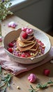 Delicious pancakes with raspberries and meringue in rustic bowl on wooden table Royalty Free Stock Photo