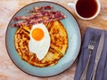 Delicious pancakes with scrambled eggs and bacon Royalty Free Stock Photo