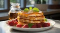 Delicious pancakes are stacked on a plate with fresh berries and poured with maple syrup. Breakfast Royalty Free Stock Photo