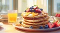 Delicious pancakes are stacked on a plate with fresh berries and poured with maple syrup. Breakfast Royalty Free Stock Photo