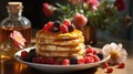 Delicious pancakes are stacked on a plate with fresh berries and poured with maple syrup. Breakfast Royalty Free Stock Photo