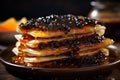 Delicious pancakes with sweet syrup and flavorful blackberry jam for breakfast or brunch Royalty Free Stock Photo