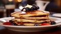 Tasty pancakes with syrup and berries on a plate at a restaurant or cafe, Generated AI Royalty Free Stock Photo