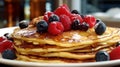 Tasty pancakes with syrup and berries on a plate at a restaurant or cafe, Generated AI Royalty Free Stock Photo