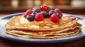 Tasty pancakes with syrup and berries on a plate at a restaurant or cafe, Generated AI Royalty Free Stock Photo