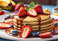 Delicious pancakes with syrup and fruits on a plate. Pancakes with blueberries and strawberries with syrup on a white plate Royalty Free Stock Photo