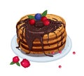 Delicious pancakes topped with chocolate sauce and berries lying on plate isolated on white background. Appetizing