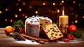Delicious panettone with chocolate chips on a table decorated for Christmas. Generative AI