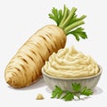 Delicious parsnip puree with bowl of hummus and fresh celery on rustic wooden table healthy eating lifestyle