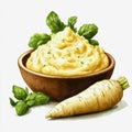 Delicious parsnip puree served in bowl with carrot and fresh parsnips on wooden table for healthy eating