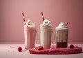 retro milkshake ice drink glass pink beverage cream sweet cocktail. Generative AI.