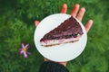 Delicious Party cherry cake slice on the plate in male`s hand. First person point of view POV over defocused garden