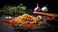 Delicious Pasta With Garlic, Herbs, And Spices On A Dark Background