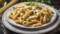 delicious pasta with melted cheese on the table, delicious pasta in the plate, pasta with cheese Royalty Free Stock Photo