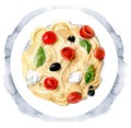Delicious pasta with olives, mozzarella and tomatoes. Italian cuisine. The view from the top.