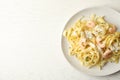 Delicious pasta with shrimps on white wooden table, top view. Space for text Royalty Free Stock Photo