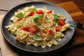 Delicious pasta with tomatoes, basil and parmesan cheese on wooden table, closeup Royalty Free Stock Photo