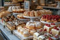 bakery display, delicious pastries and cakes displayed elegantly on a marble table in a charming automated bakery