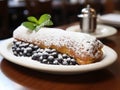 Delicious pastry covered in a light dusting of powdered sugar on a white plate, AI-generated.