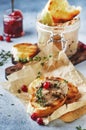 Delicious pate of chicken liver and meat on grilled toasts with cranberries and thyme, gray kitchen table background, space for Royalty Free Stock Photo