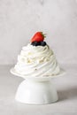 Delicious Pavlova Cake with Fresh Strawberry Tasty Dessert Seective Focus Gray Background Vertical