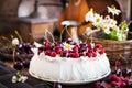 Delicious Pavlova meringue cake decorated with fresh raspberries