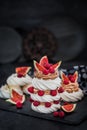 Delicious Pavlova meringue cakes decorated with chocolate cream, fresh figs and raspberries on dark background Royalty Free Stock Photo