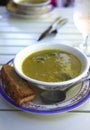 A delicious pea soup & toast.
