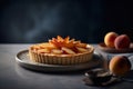 Delicious peach tart with a sprinkling of sliced peaches on a minimalist white plate, food art, food photography, generative AI