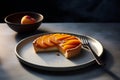 Delicious peach tart with a sprinkling of sliced peaches on a minimalist white plate, food art, food photography, generative AI