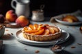 Delicious peach tart with a sprinkling of sliced peaches on a minimalist white plate, food art, food photography, generative AI