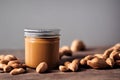 delicious peanut butter closeup photo under studio lighting, peanuts spread on the table