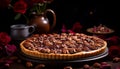 Delicious pecan pie with golden crust on rustic wooden background, perfect for holiday indulgence