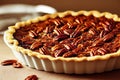 Delicious pecan pie in shortbread dough on wooden table