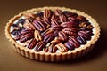 Delicious pecan pie in shortbread dough on wooden table