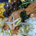 Delicious pecel rice on plate