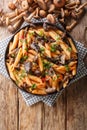 Delicious penne pasta with autumn honey fungus and tomato sauce close-up in a plate. Vertical top view