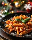 Delicious penne pasta topped with fresh basil and Parmesan cheese on a festive, decorated table with wine and Christmas ornaments