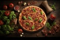 Delicious pepperoni pizza with fresh basil and sun-ripened tomatoes on wooden table