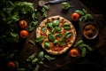 Delicious pepperoni pizza with fresh basil, tomatoes, and cheese on wooden table, top view