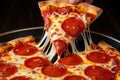Delicious pepperoni pizza with melted cheese being pulled from the pie Royalty Free Stock Photo