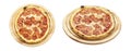 Delicious pepperoni pizza, served on a wooden plate isolated on a white background. Concept for advertising flyer and poster for
