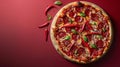 A delicious pepperoni pizza sits on a vibrant red surface, with a single slice cut out, showcasing gooey cheese and