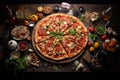 Delicious Pepperoni Pizza Surrounded by Ingredients on a Wooden Table. Generative AI