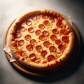 Delicious pepperoni pizza on wooden plate